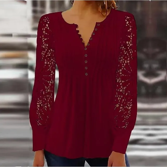 Women's Shirt Blouse Black White Red Plain Lace Patchwork Long Sleeve Casual Vintage Fashion Basic V Neck Regular Fit Spring Fall