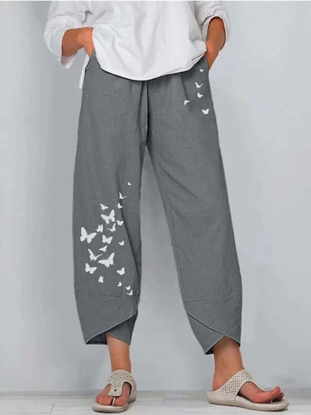 Women's Linen Pants Pants Trousers Capri shorts Ankle-Length Linen / Cotton Blend Baggy Print High Waist Chino Casual Going out Black / Red Light Green S M Spring &  Fall