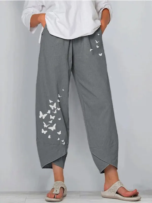 Women's Linen Pants Pants Trousers Capri shorts Ankle-Length Linen / Cotton Blend Baggy Print High Waist Chino Casual Going out Black / Red Light Green S M Spring &  Fall