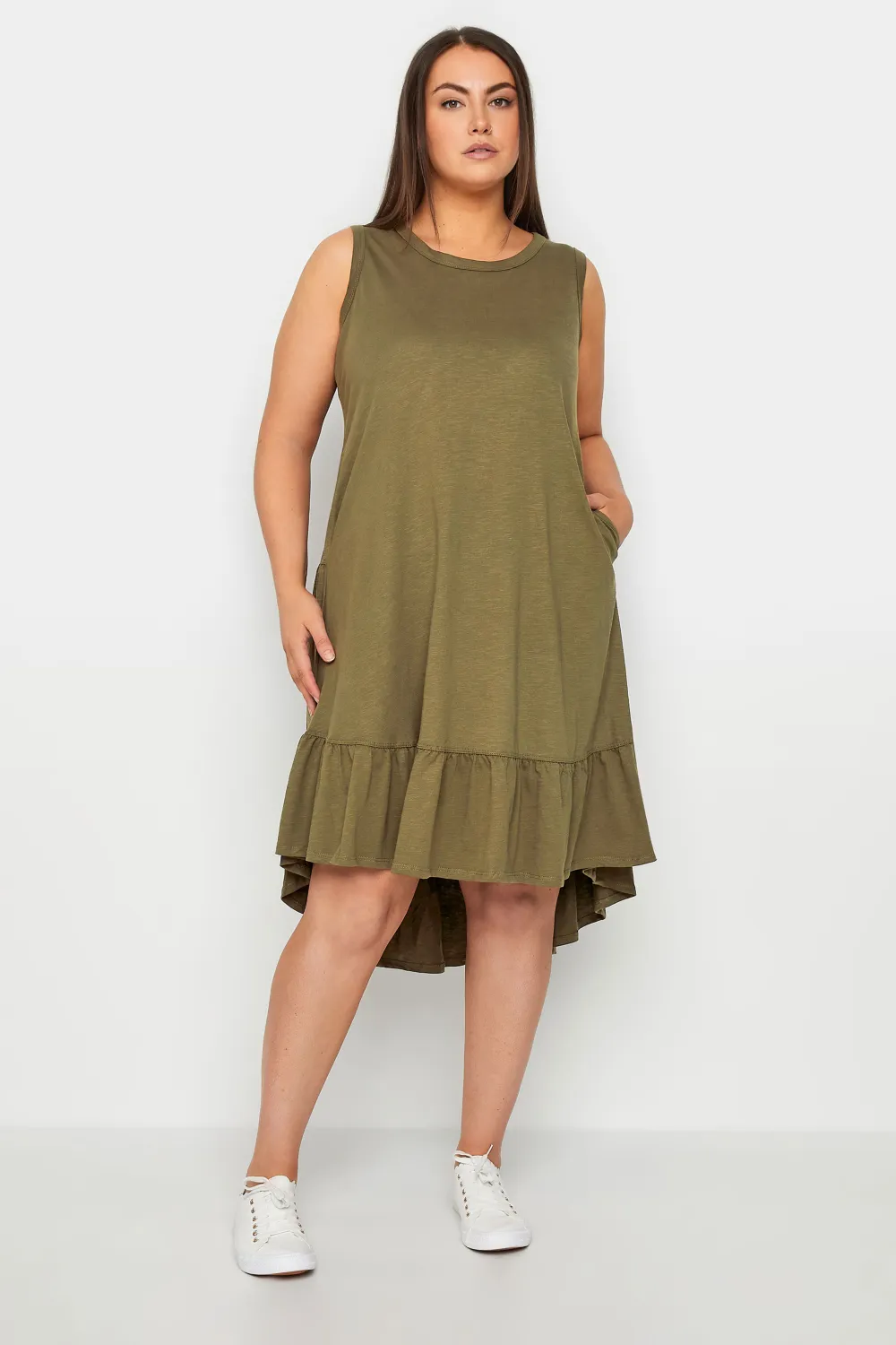 Evans Khaki Green Dipped Frill Hem Midi Dress