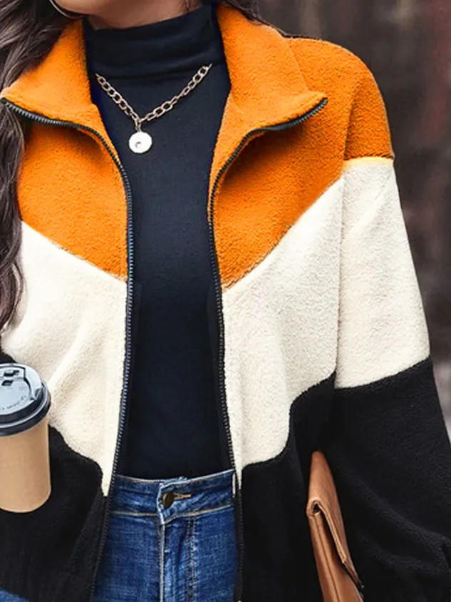 Loose Shawl Collar Color Block Teddy Jacket