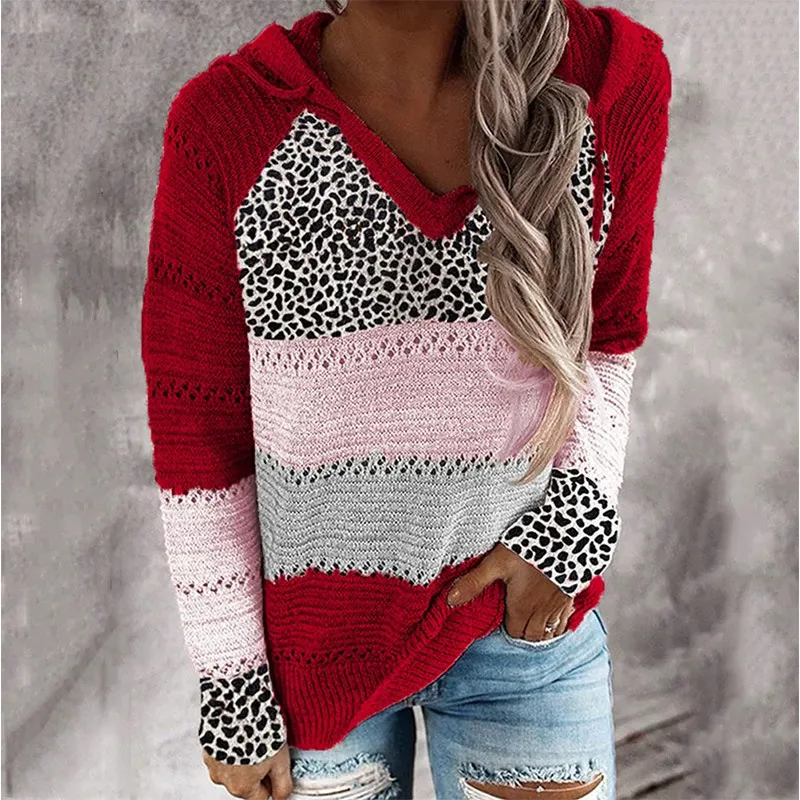 Striped & Leopard Patchwork V-Neck Hooded Sweater