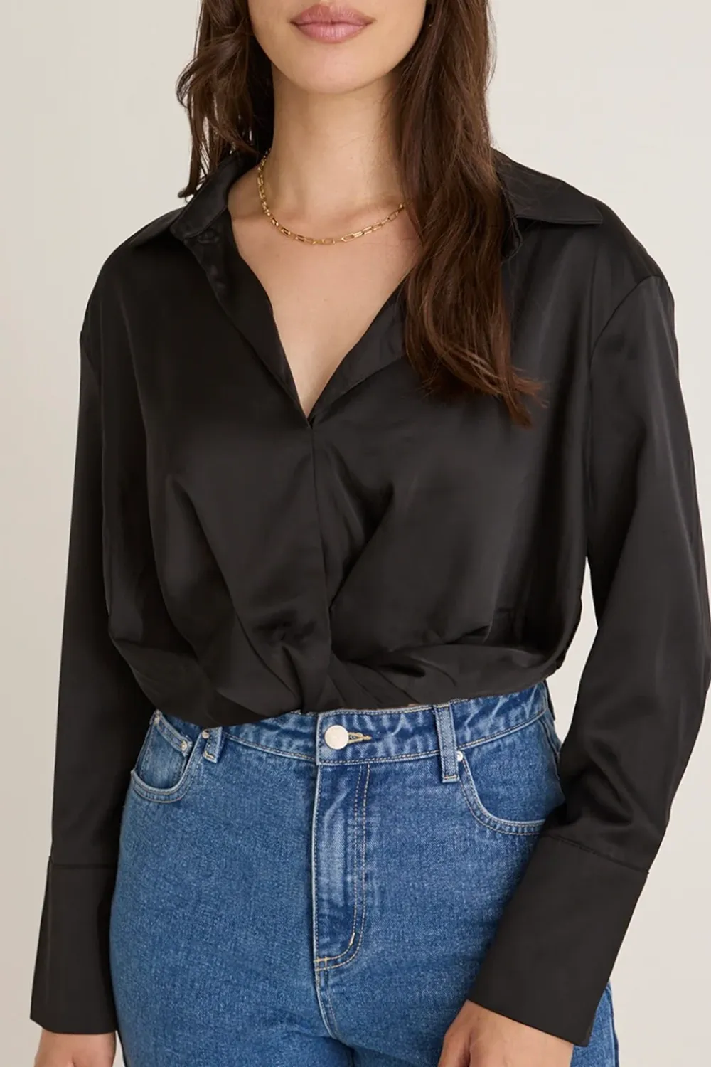 Black Satin Wrap Front Long - Sleeve