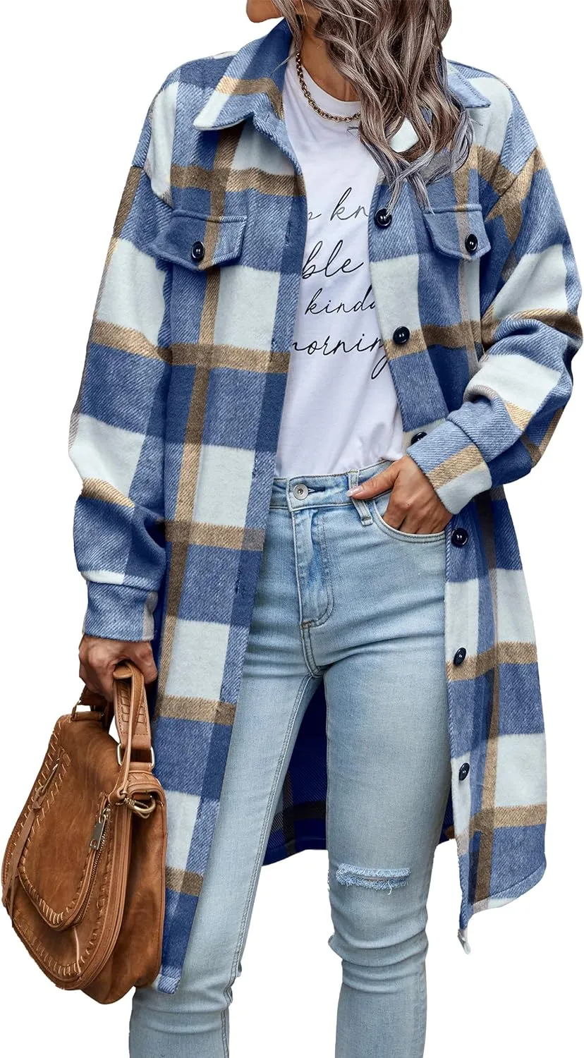 Women's Plaid Shacket 2023 Long Sleeve Button Up Flannel Shirt Winter Tartan Jacket Woolen Coats