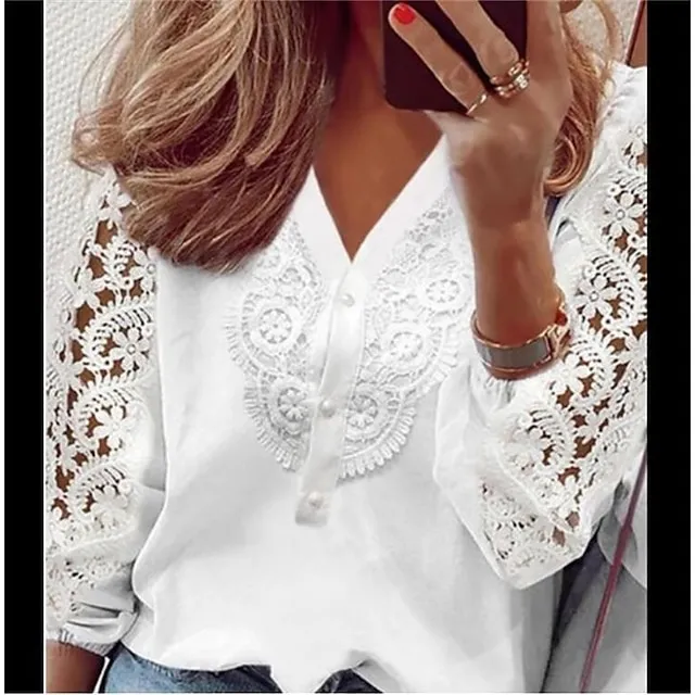 Women's Lace Shirt Shirt Blouse White Eyelet Tops Floral Graphic Butterfly Work Casual White Lace Button Cut Out Long Sleeve Elegant Vintage Fashion V Neck Spring Fall
