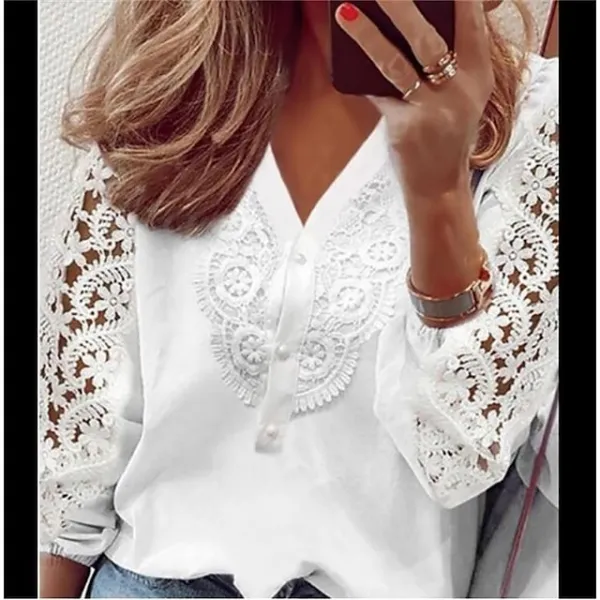 Women's Lace Shirt Shirt Blouse White Eyelet Tops Floral Graphic Butterfly Work Casual White Lace Button Cut Out Long Sleeve Elegant Vintage Fashion V Neck Spring Fall