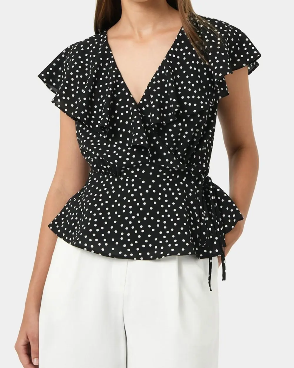 Polka Dot Design Ruffle Wrap Blouse