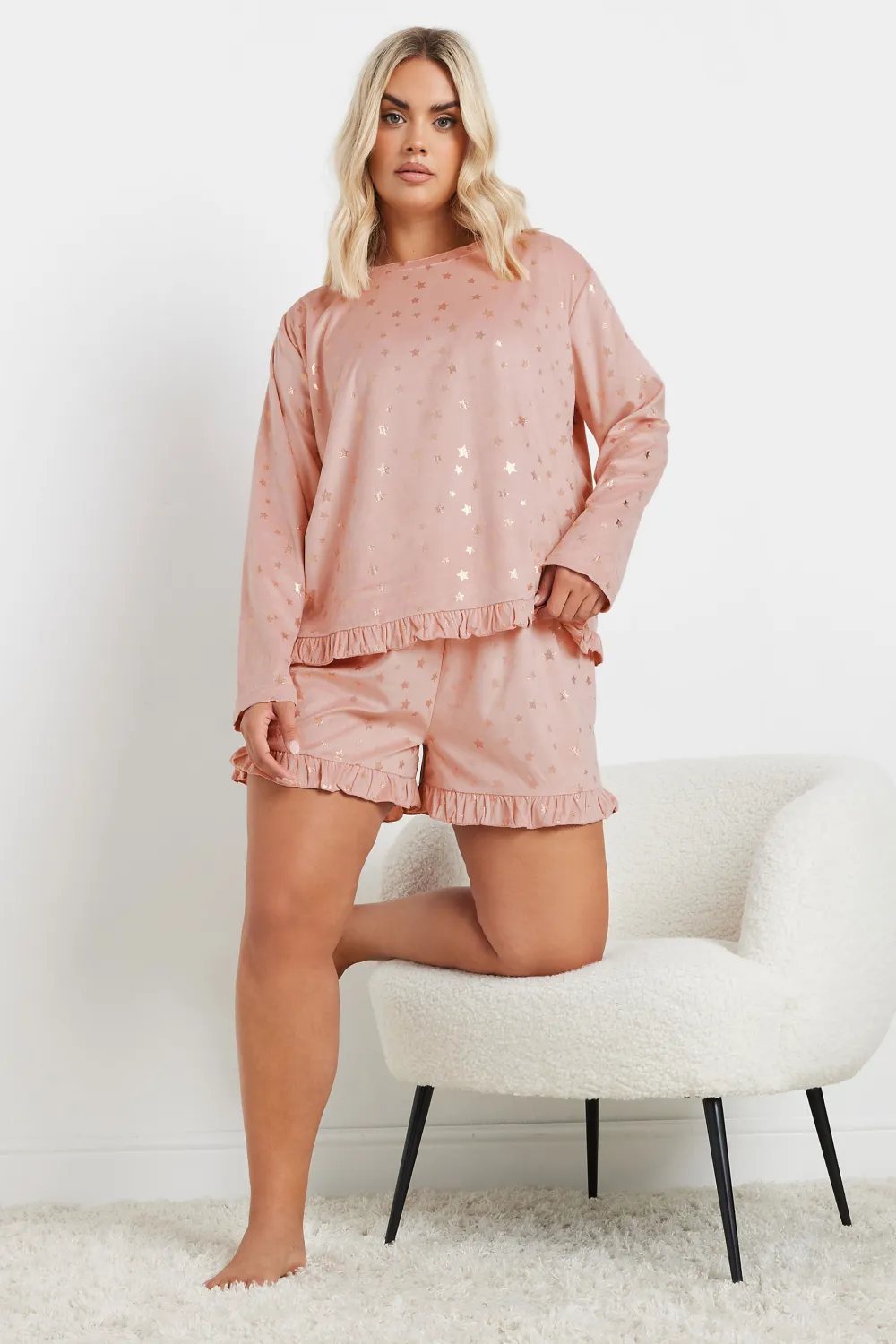 YOURS Curve Navy Blue Star Frilled Pyjama Set