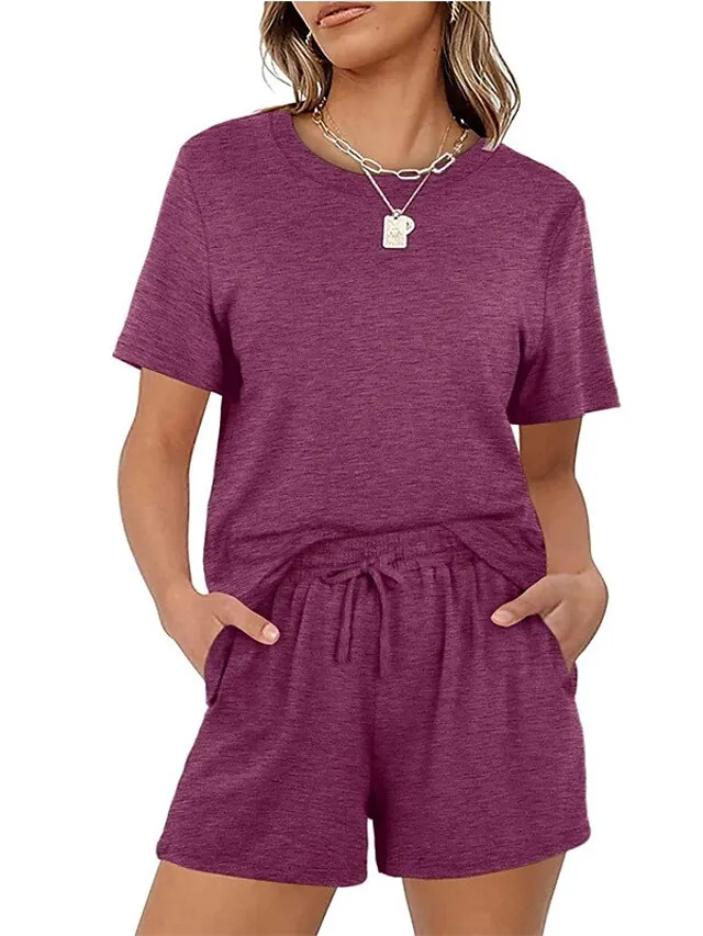 Women's Loungewear Sets Nighty 2 Pieces Pure Color Simple Comfort Home Street Cotton Crew Neck Short Sleeve T shirt Tee Shorts Spring Summer Green Blue