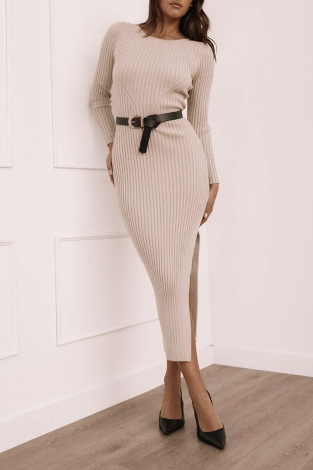 SOLID COLOR STRIPES TEXTURE LONG SLEEVE MIDI DRESS
