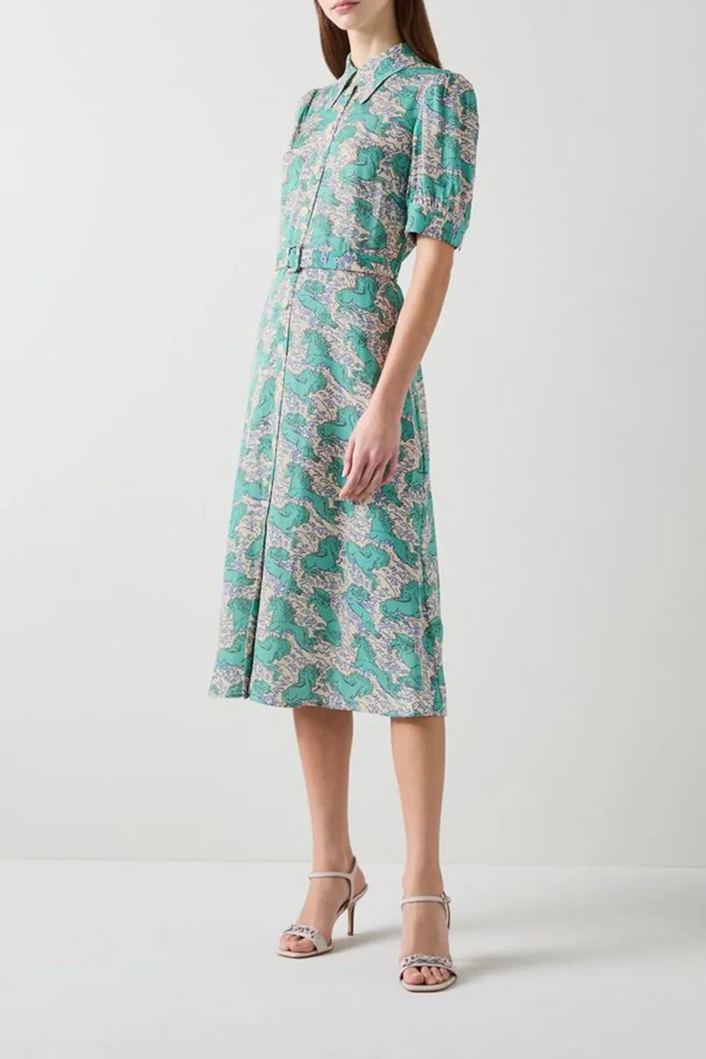 Green Floral Print Short Sleeve Midi Dress