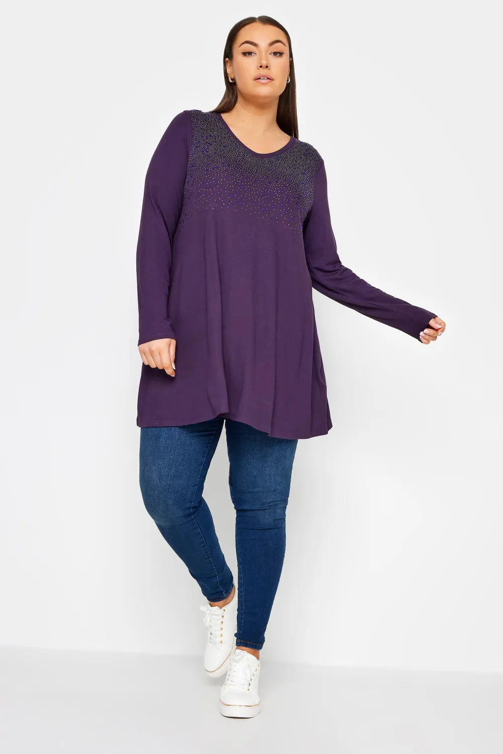 YOURS Curve Purple Stud Embellished Long Sleeve Top