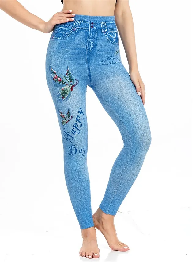 Women's Slim Pants Trousers Leggings Full Length Faux Denim Pocket High Cut High Elasticity High Waist Fashion Streetwear Street Causal Lake Blue Royal Blue S M Summer Fall