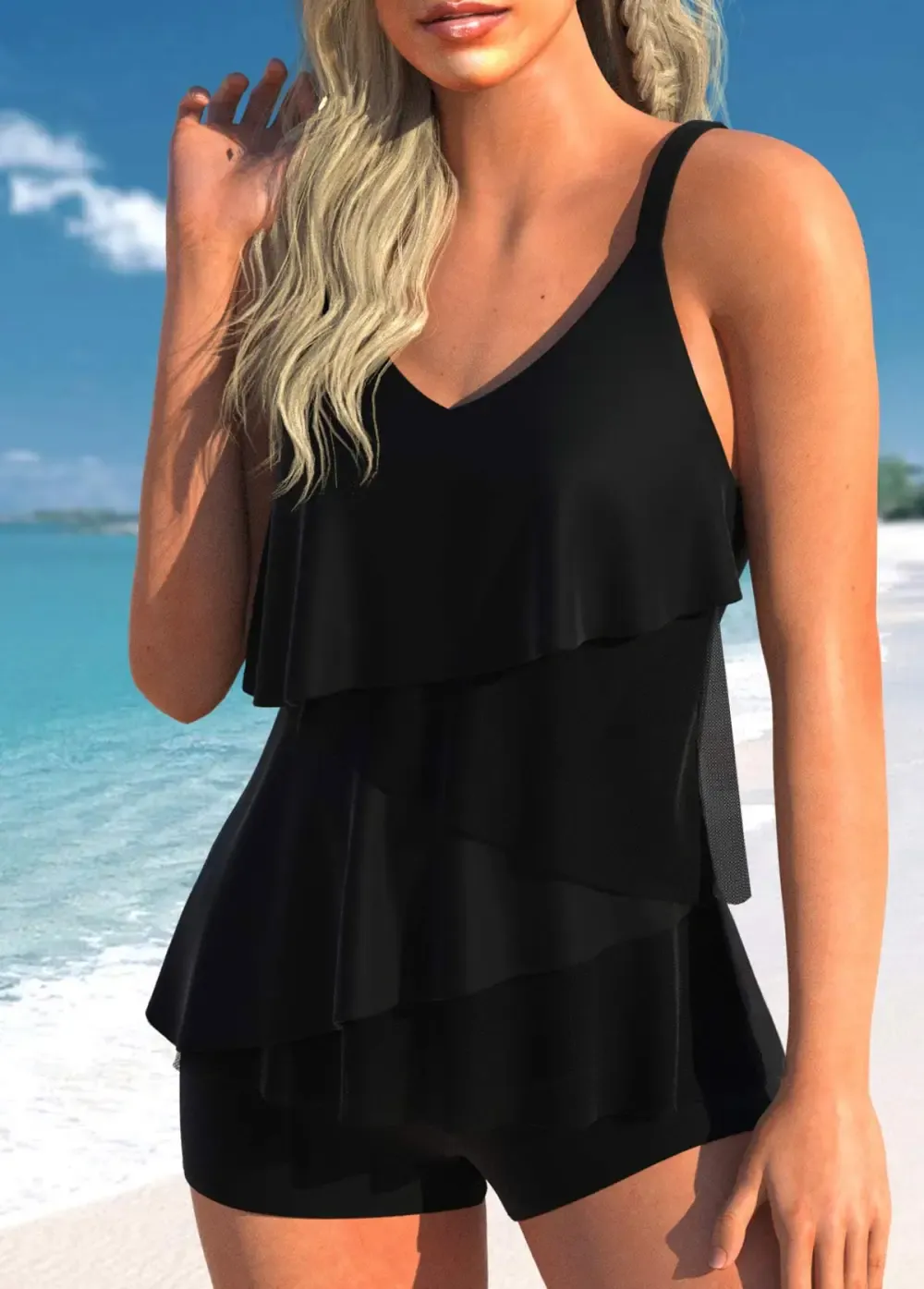 V Neck Patchwork Light Pink Tankini Top