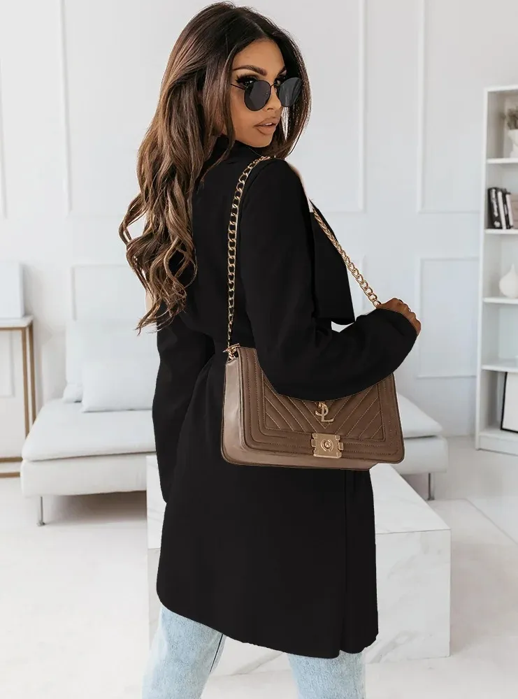 Solid Front Belt Long Sleeve Coat