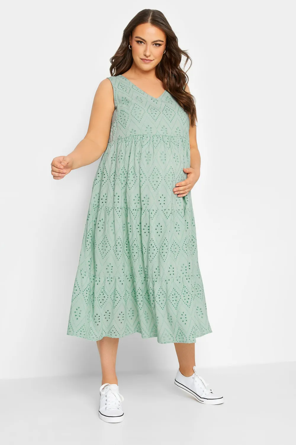 BUMP IT UP MATERNITY Curve Sage Green Broderie Anglaise Tiered Midi Dress