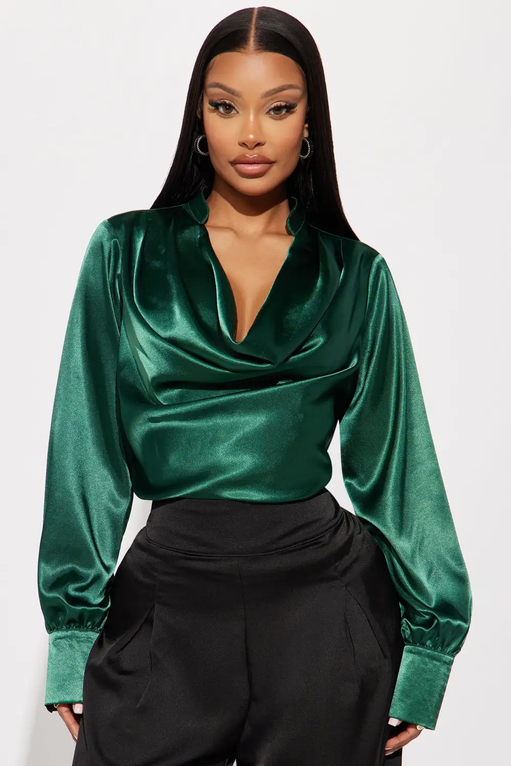 Look My Way Satin Blouse Top - Hunter