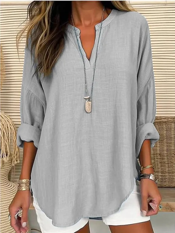 Women's Shirt Blouse Linen Casual Daily Pink Long Sleeve Solid Basic V Neck Spring Fall