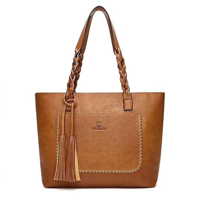 Women's Tote Shoulder Bag Tote PU Leather Office Daily Going out Tassel Large Capacity Solid Color Black Red Light Brown
