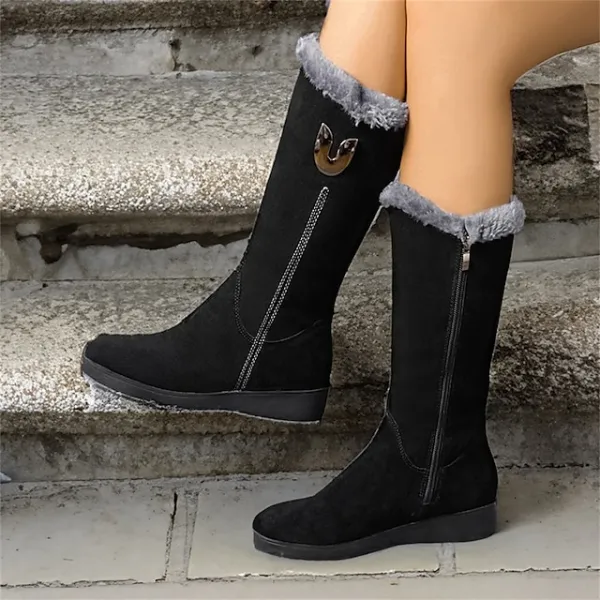 Women's Boots Suede Shoes Snow Boots Furry Feather Athletic Walking Fleece Lined Mid Calf Boots Winter Buckle Zipper Flat Heel Wedge Heel Round Toe Vintage Plush Classic Faux Suede Zipper Solid Color