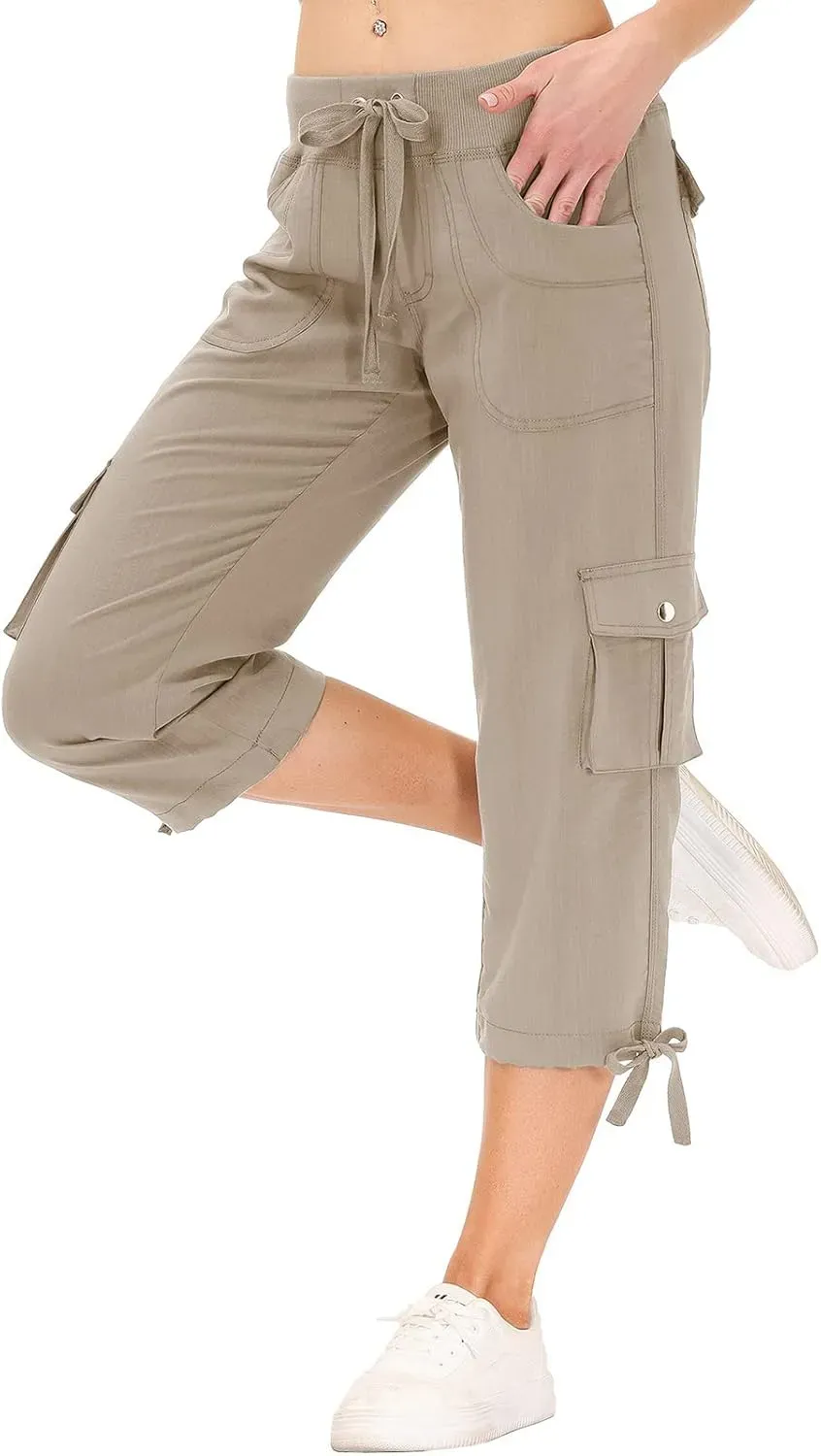 MoFiz Womens Capris with Pockets Loose Fit Casual Capri Pants Dressy Lightweight Ladies Baggy Cargo Pants for Hiking