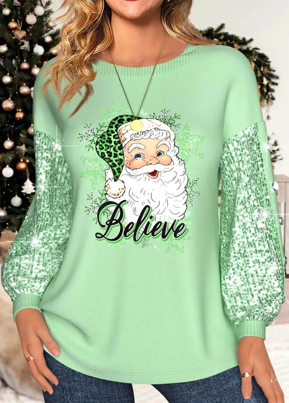 Light Green Sequin Santa Claus Print Christmas Sweatshirt