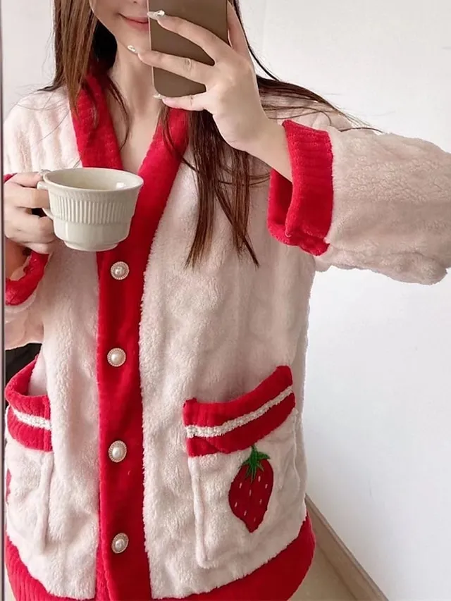 Women's Fleece Fluffy Fuzzy Warm Pajamas Sets Fruit Fashion Casual Comfort Home Daily Bed Flannel Warm V Wire Long Sleeve Cardigan Pant Button Pocket Fall Winter Pink Red