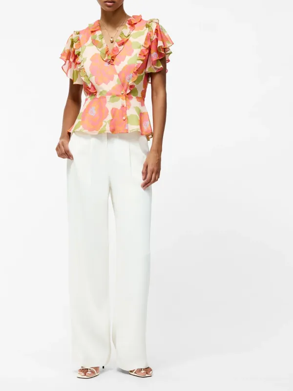 Breathable V-Neck Cropped Top With Ruffled Sleeves