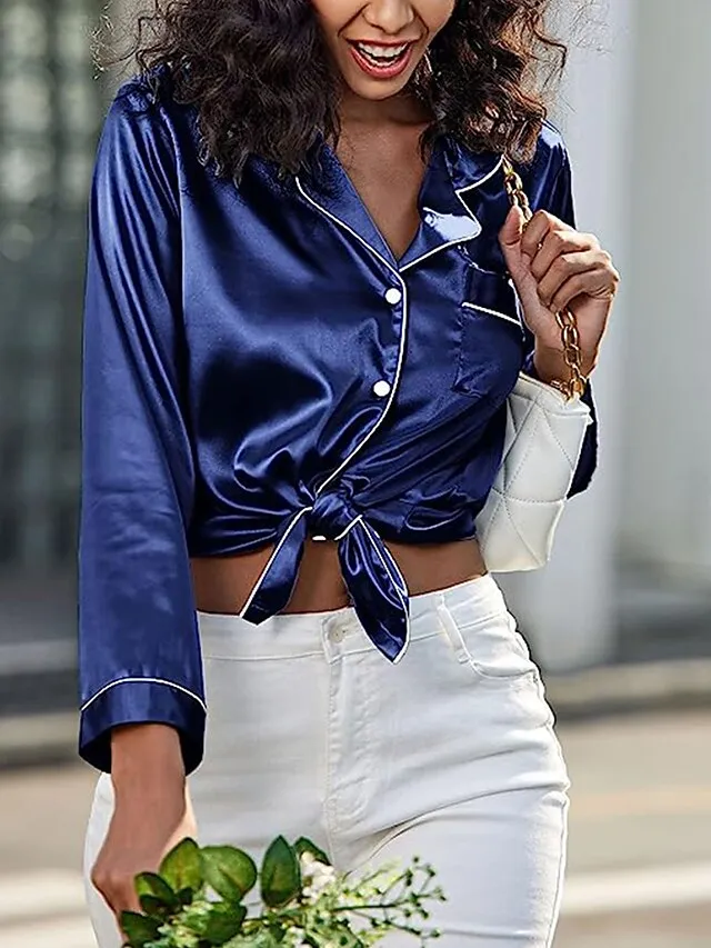 Women's Satin Silk Lounge Sets Satin Pajama Sets Pure Color Fashion Casual Comfort Home Daily Bed Satin Breathable Lapel Long Sleeve Shirt Pant Button Pocket Summer Fall Black White