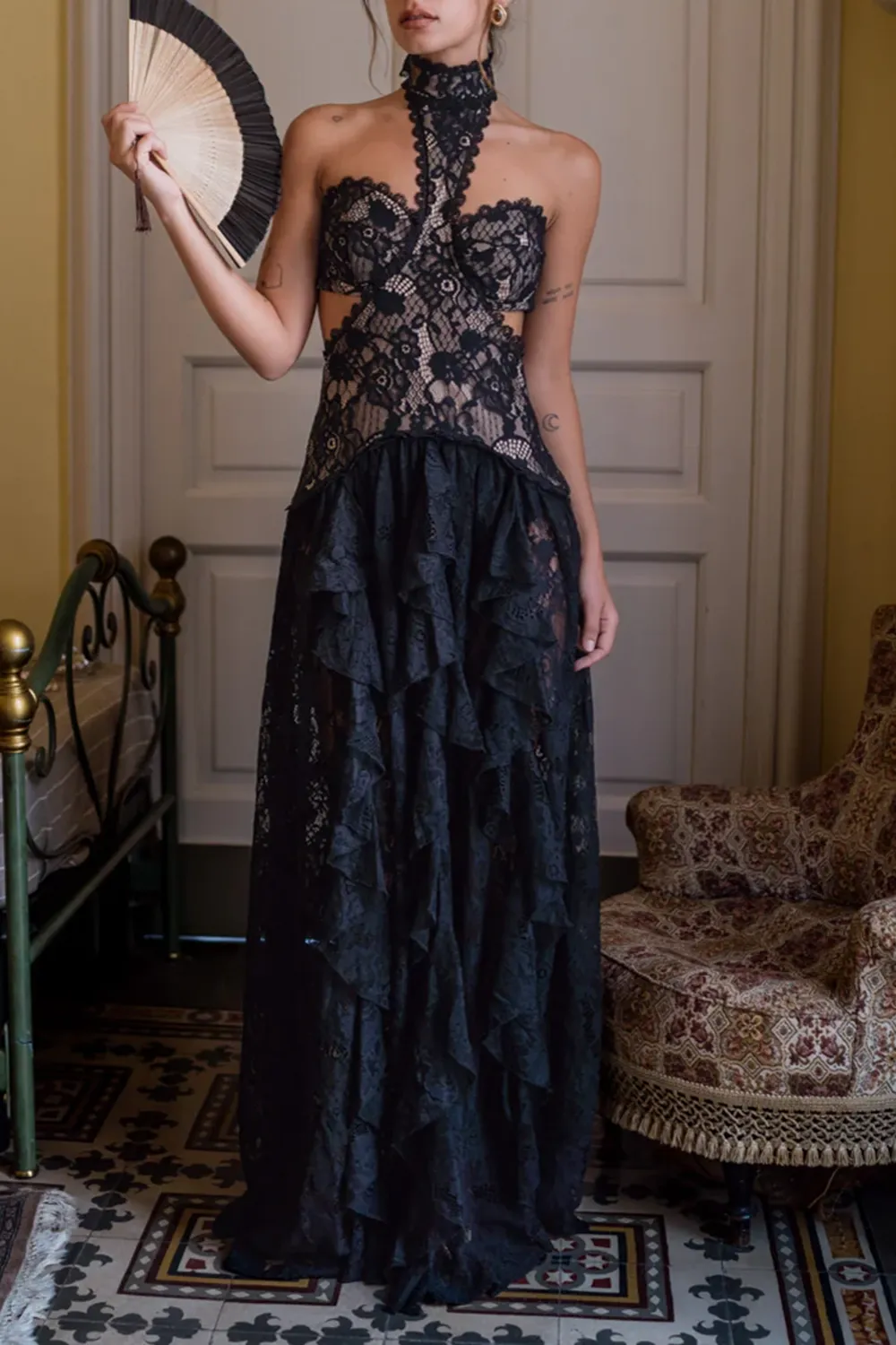Black Lace Drop Waist Maxi Dress
