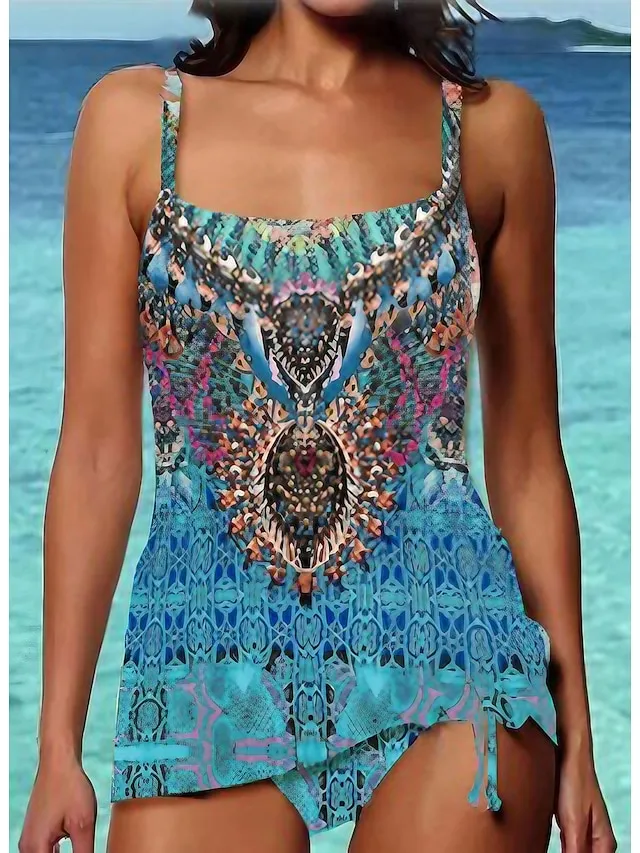 Women's Swimwear Tankini 2 Piece Normal Swimsuit 2 Piece Modest Swimwear Open Back Printing Color Block Blue Camisole Strap Bathing Suits New Vacation Fashion