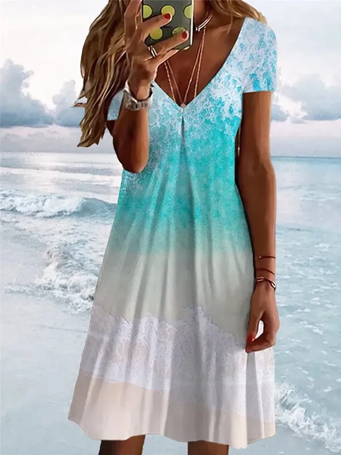 Women's Art Ocean Print V-Neck Dress