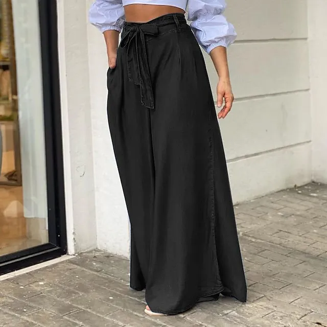Women's Culottes Wide Leg Chinos Full Length Denim Side Pockets Wide Leg Micro-elastic Mid Waist Fashion Party Casual Black Blue S M Summer Spring & Fall