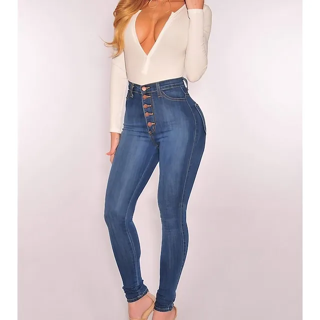 Women's Jeans Pants Trousers Full Length Denim Side Pockets Micro-elastic Mid Waist Fashion Casual Weekend Blue S M Summer Spring &  Fall