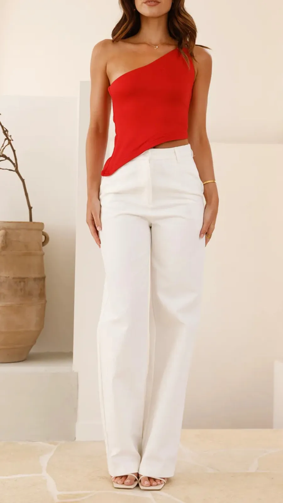 Red Slanted Neckline Top