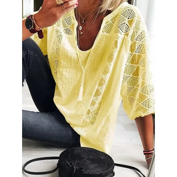 Women's Blouse Lace Patchwork Solid Color Basic Boho U Neck Lace-up Spring &  Fall Black White Yellow Light Blue Grey