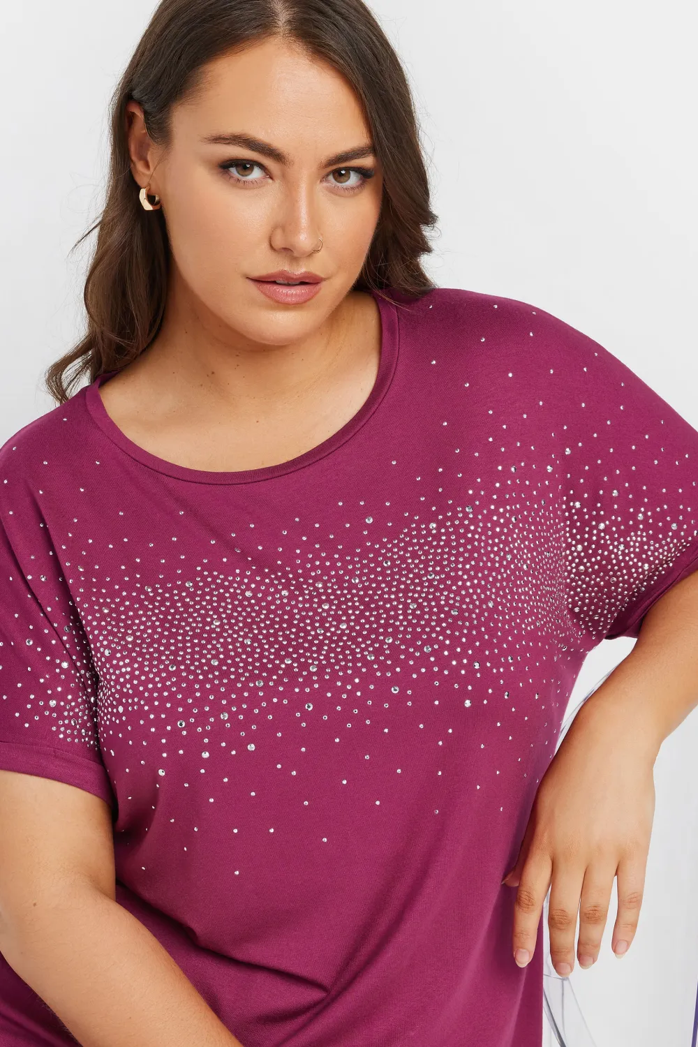 YOURS Curve Burgundy Red Diamante Detail T-Shirt