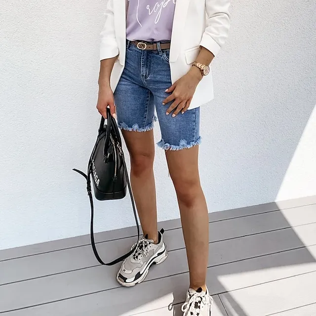 Women's Jeans Distressed Jeans Denim Blue Mid Waist Fashion Casual Weekend Tassel Fringe Side Pockets Micro-elastic Knee Length Comfort Plain S M L XL XXL