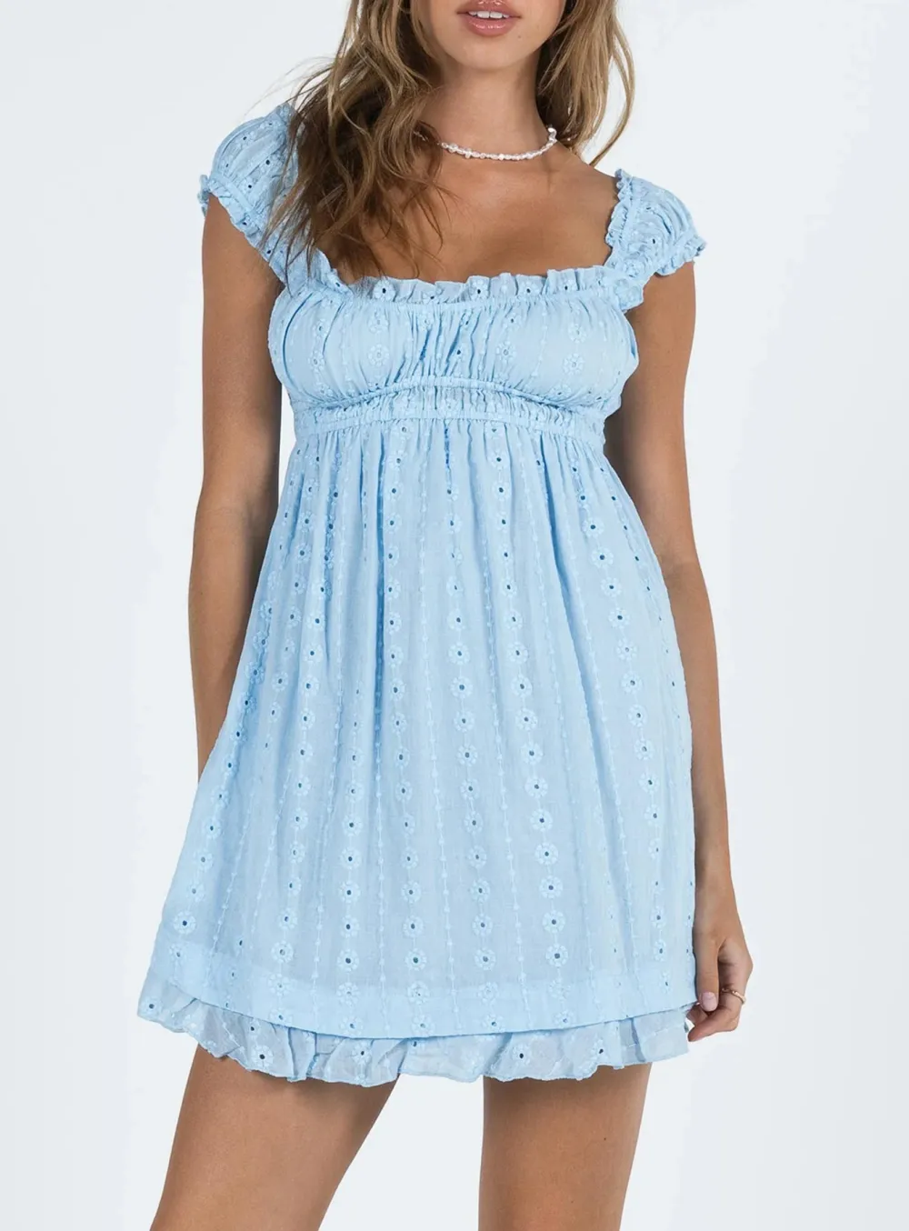 Yellow Square Neck Lace Trimmed Mini Dress