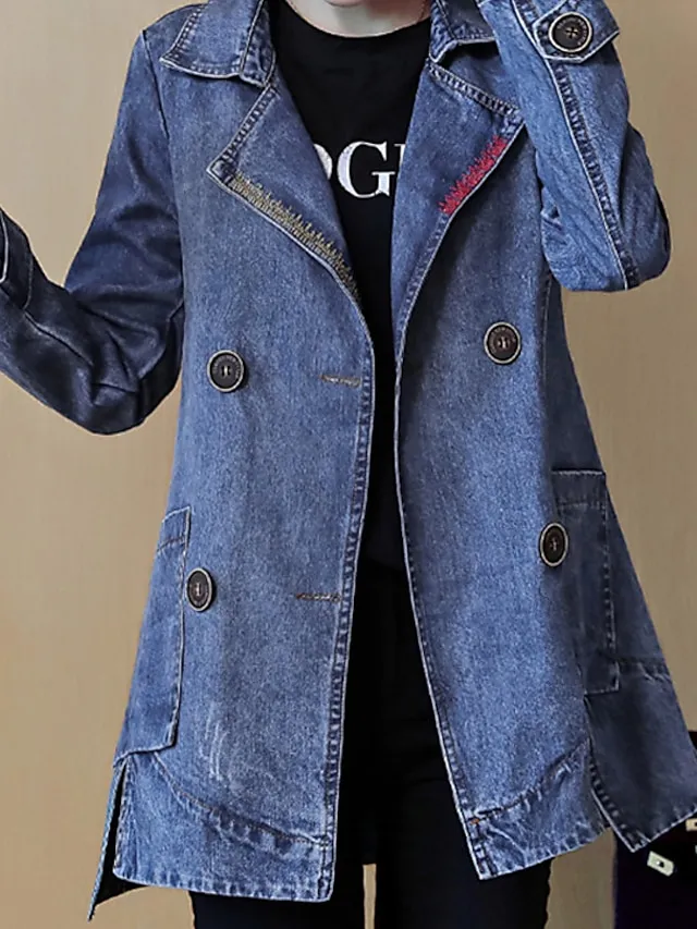 Women's Denim Jacket Regular Coat Regular Fit Warm Breathable Streetwear Elegant Jacket Spring Summer Long Sleeve Solid Color Pocket Navy Blue Outdoor Street Daily