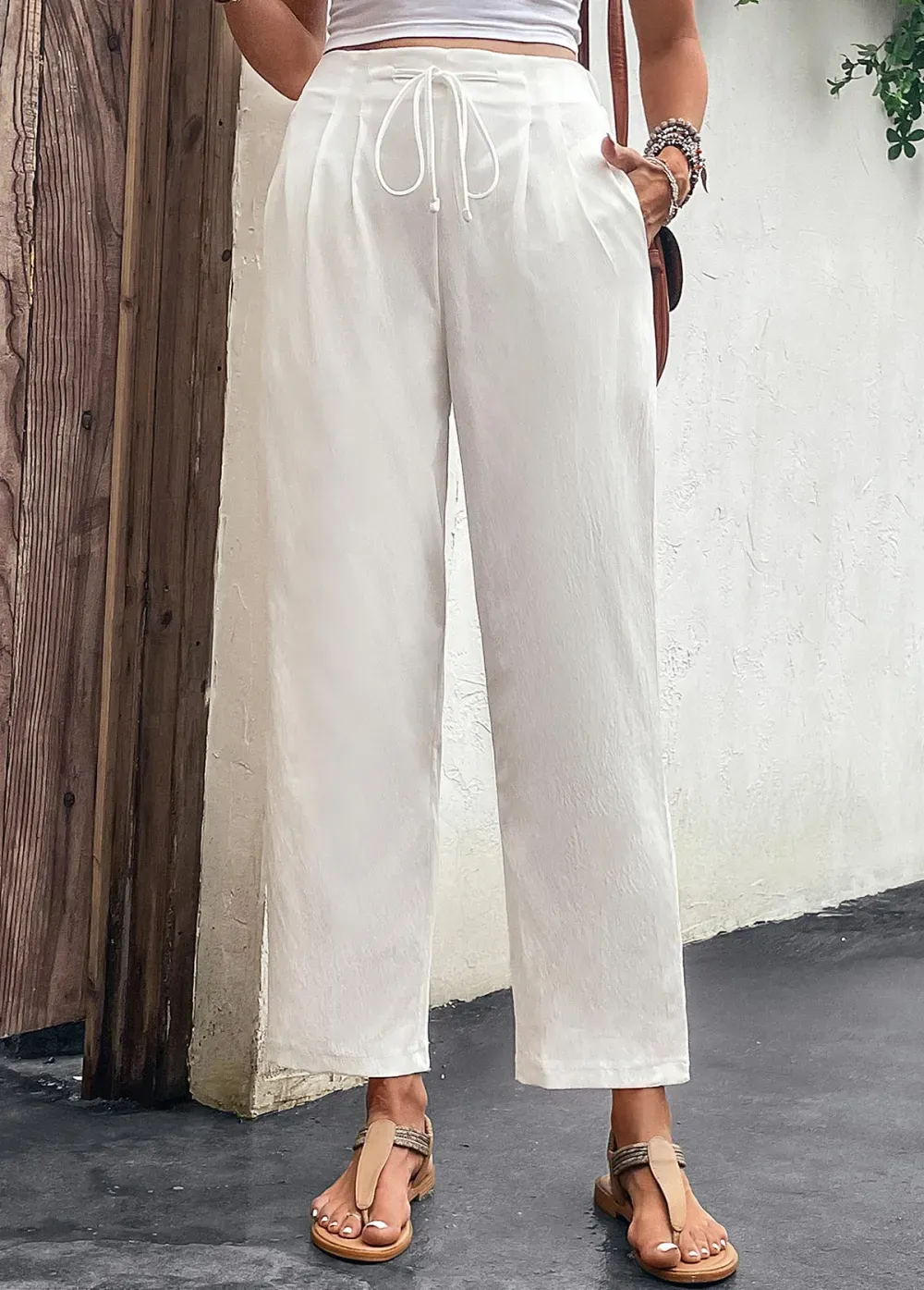 White Pocket Drawastring High Waisted Pants