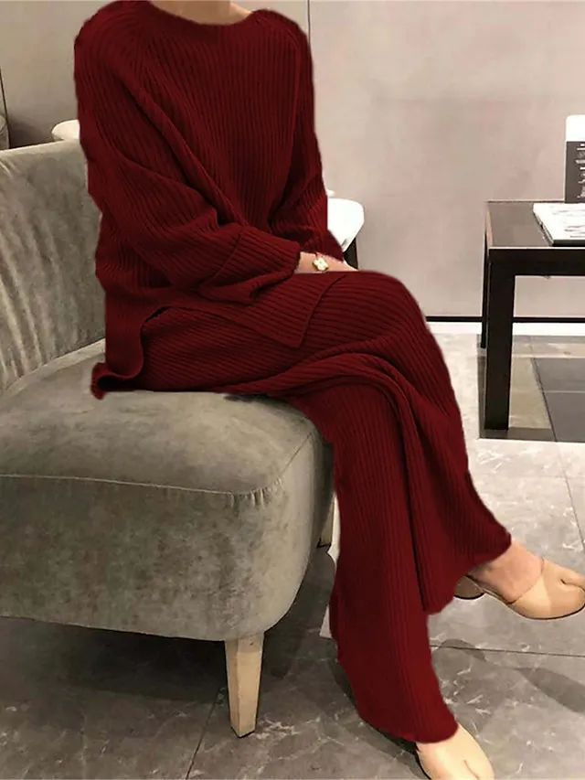 Women's Knit Pajamas Sets Pure Color Casual Comfort Home Daily Bed Knit Warm Breathable Crew Neck Long Sleeve Sweater Pant Fall Winter Black Wine
