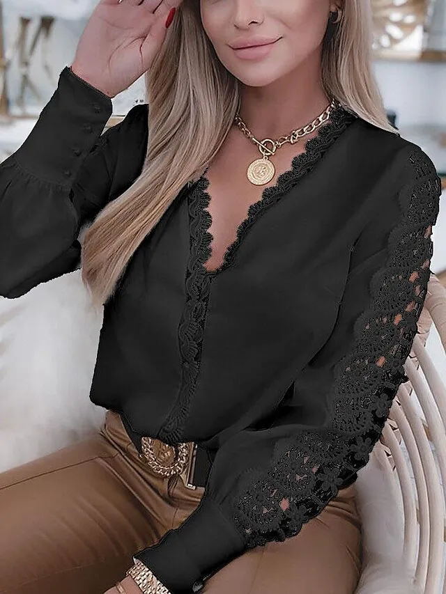 Women's Shirt Blouse White Eyelet Tops Black White Pink Plain Lace Cut Out Long Sleeve Work Daily Business Elegant Casual V Neck Regular S