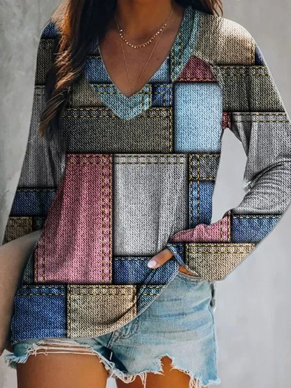 Printed Long Sleeve V Neck Casual Tunic T-Shirt