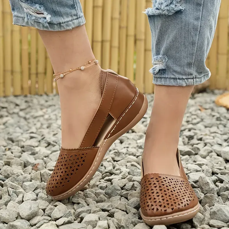 Women's Hollow Out Flat Sandals, Solid Color Cut-out Closed Toe Slip On Shoes, Casual Faux Leather Shoes