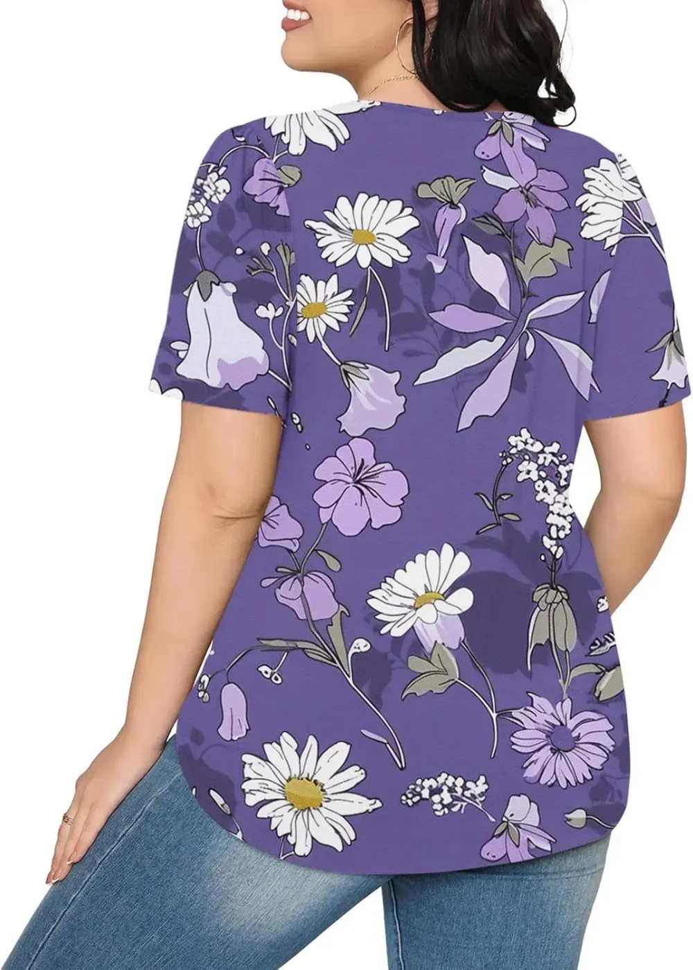 Womens Summer Pleated Front Shirts Tunics Casual Short Sleeved Loose Round Neck Boho Printed Tops Vacation Blouse