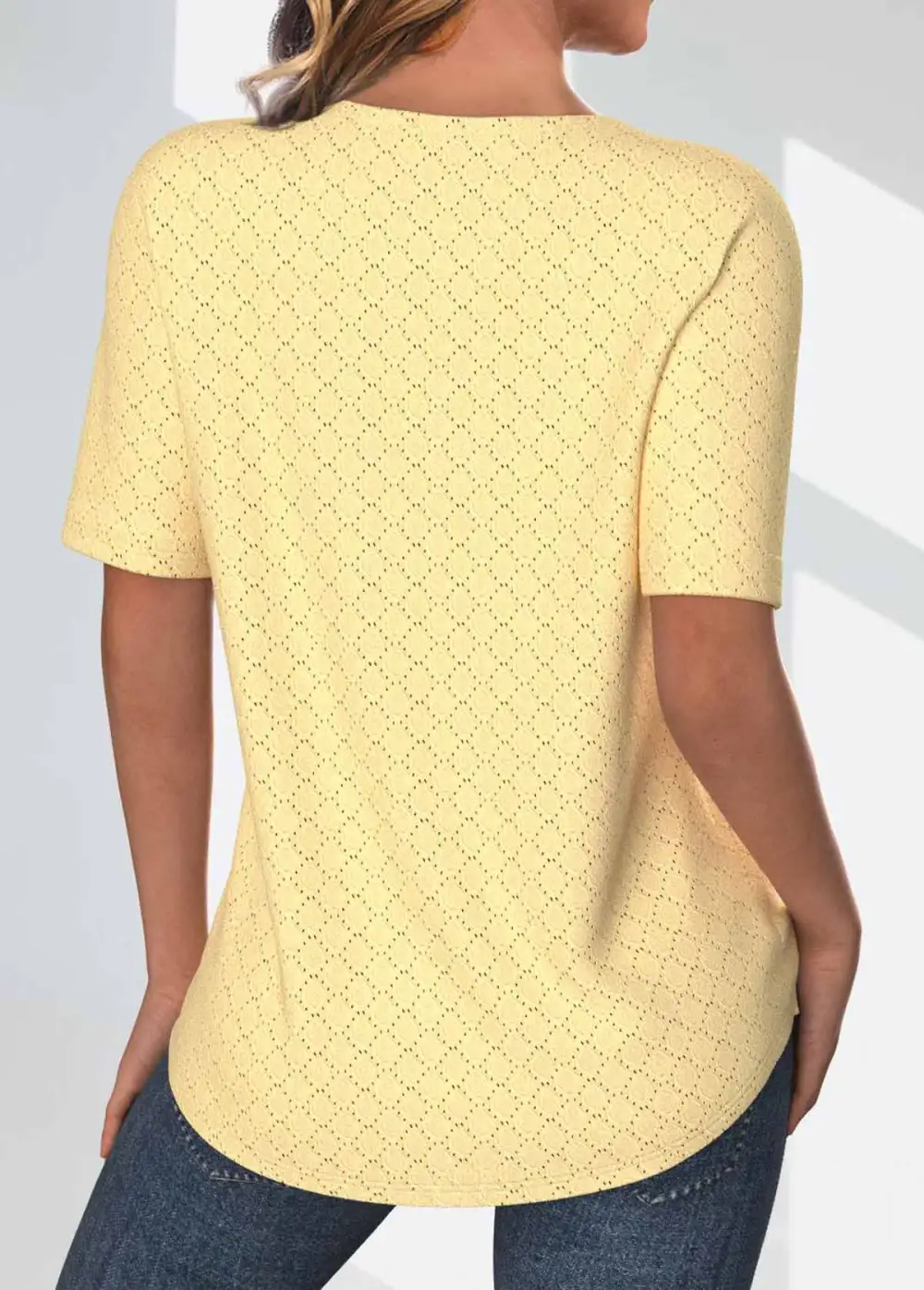 Light Yellow Jacquard Short Sleeve Round Neck T Shirt