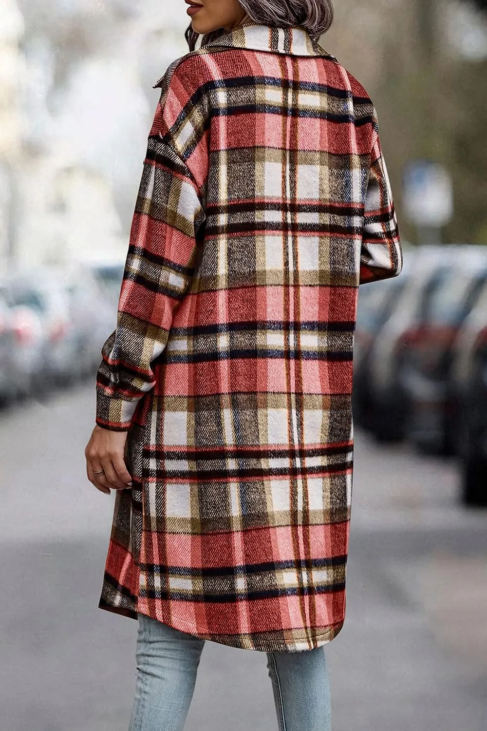 Women's Plaid Shacket 2023 Long Sleeve Button Up Flannel Shirt Winter Tartan Jacket Woolen Coats