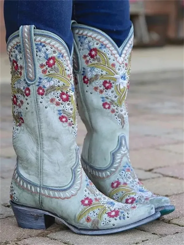 Vintage Floral Embroidered Cowgirl Boots