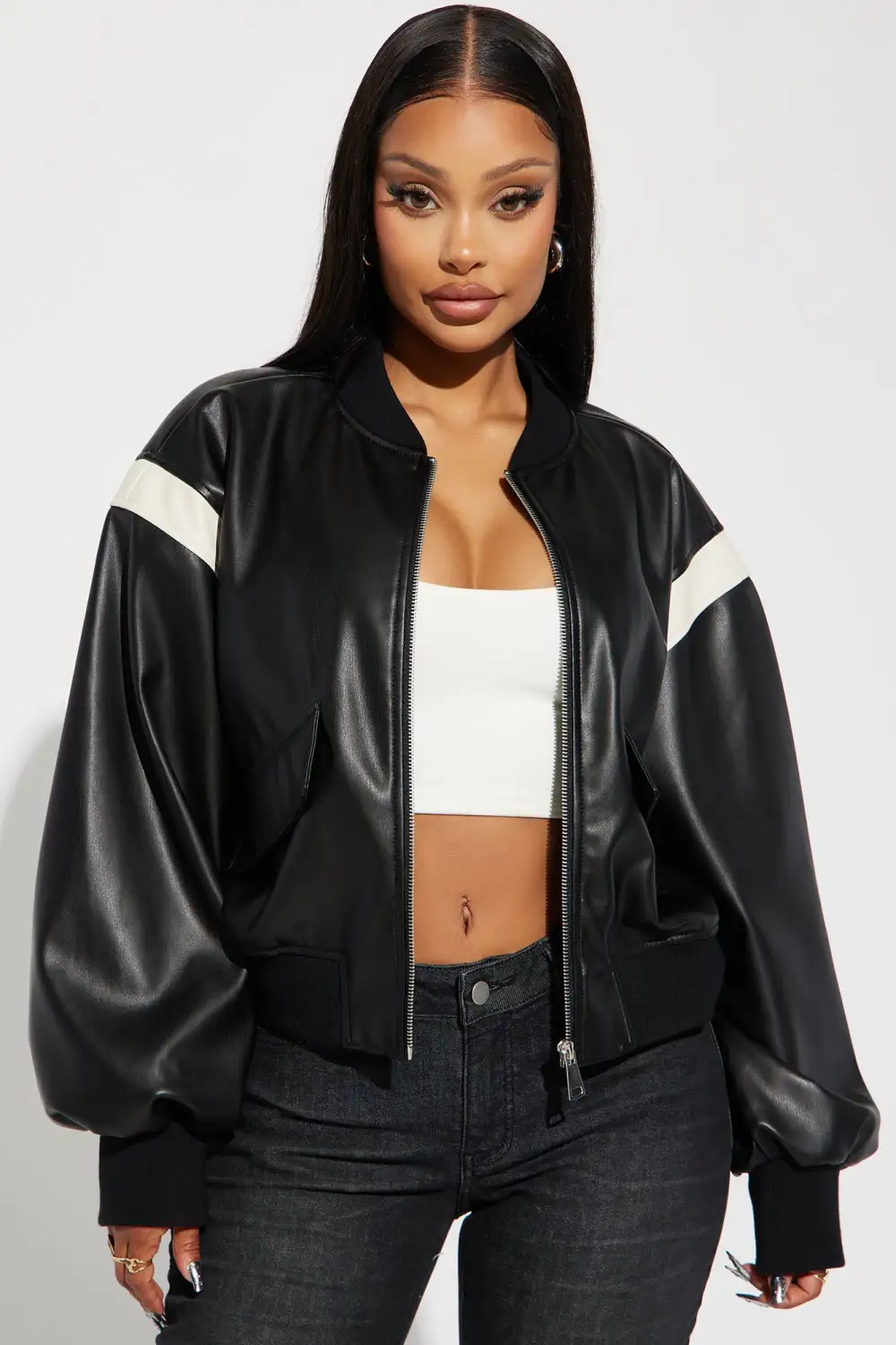 So Starstruck Faux Leather Bomber Jacket - Black